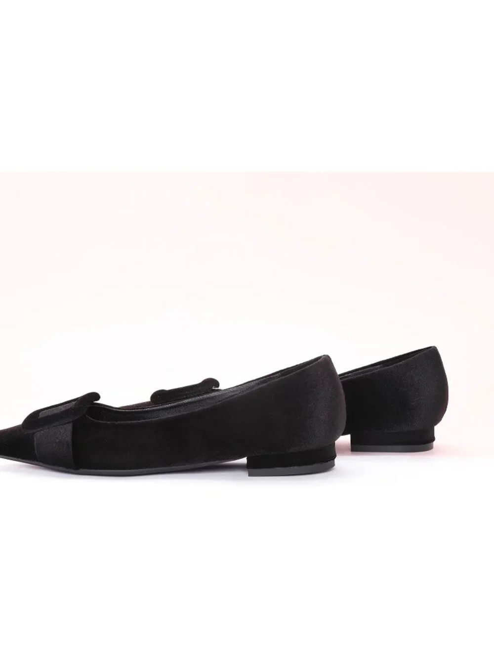 Women's Velvet Black Pointed Toe Square Buckle Flats Slip-On Comfortable Shoes
